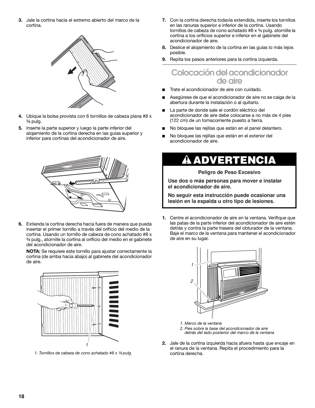 Whirlpool CA10WXP0 manual Colocación del acondicionador De aire 