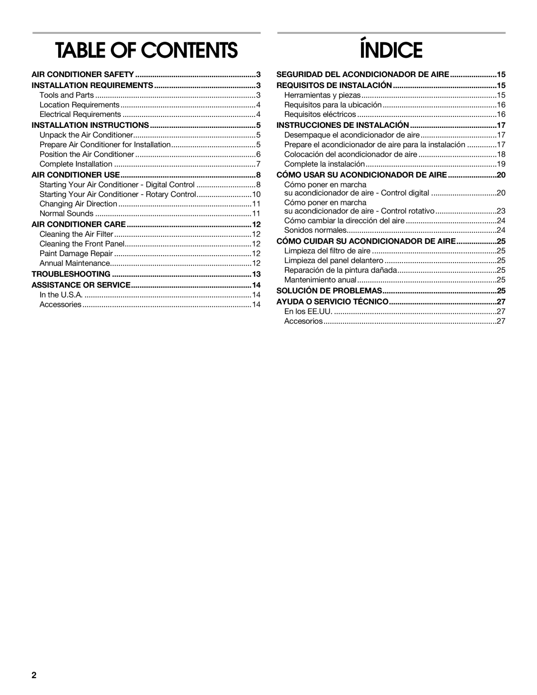 Whirlpool CA10WXP0 manual Índice, Table of Contents 