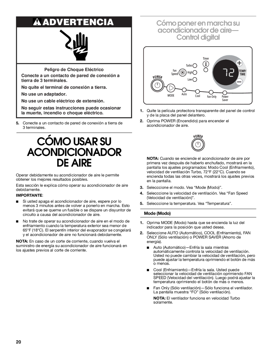 Whirlpool CA10WXP0 manual Cómo Usar SU Acondicionador DE Aire, Mode Modo 