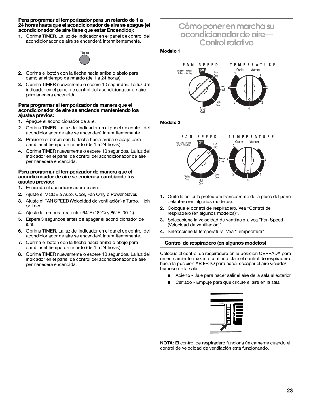 Whirlpool CA10WXP0 manual Control de respiradero en algunos modelos, Apague el acondicionador de aire 