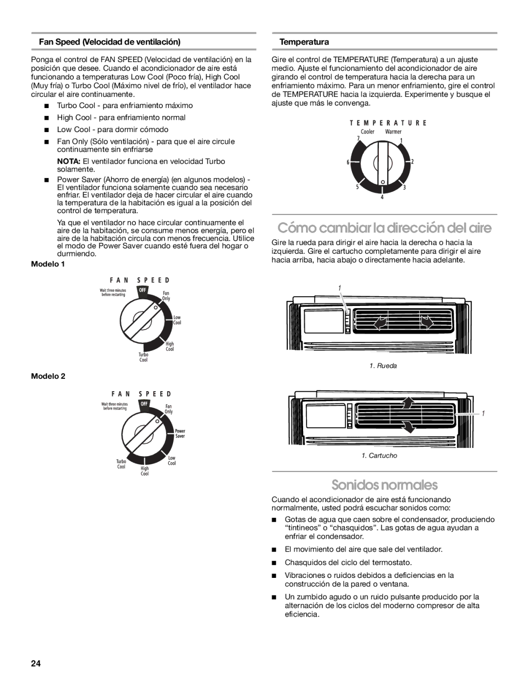 Whirlpool CA10WXP0 manual Cómo cambiar la dirección del aire, Sonidos normales 