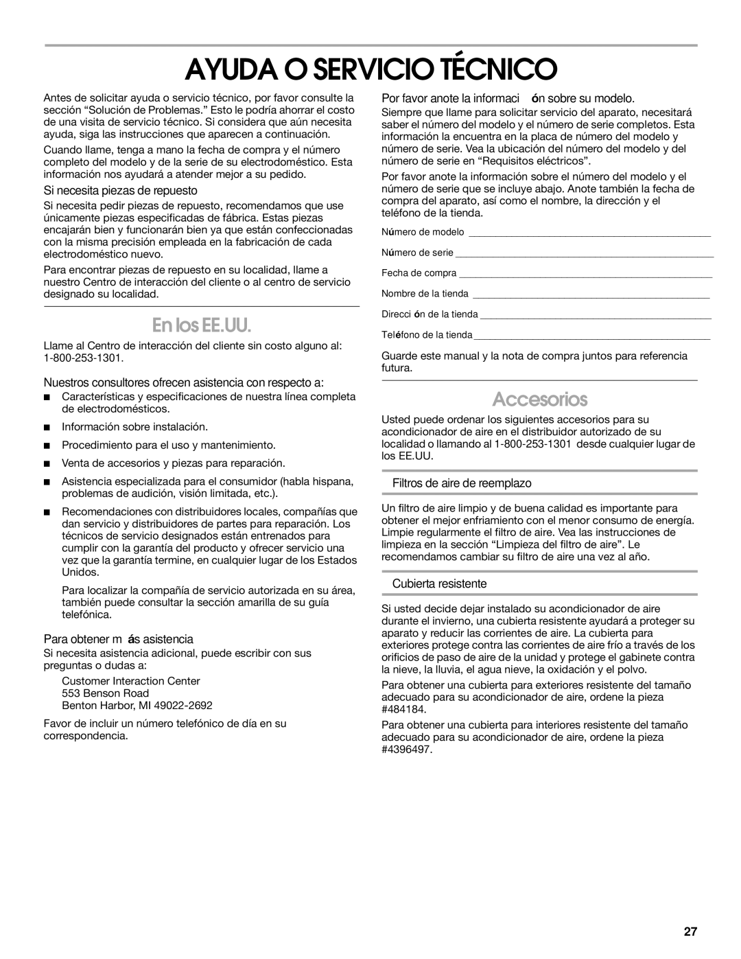 Whirlpool CA10WXP0 manual Ayuda O Servicio Técnico, En los EE.UU, Accesorios 