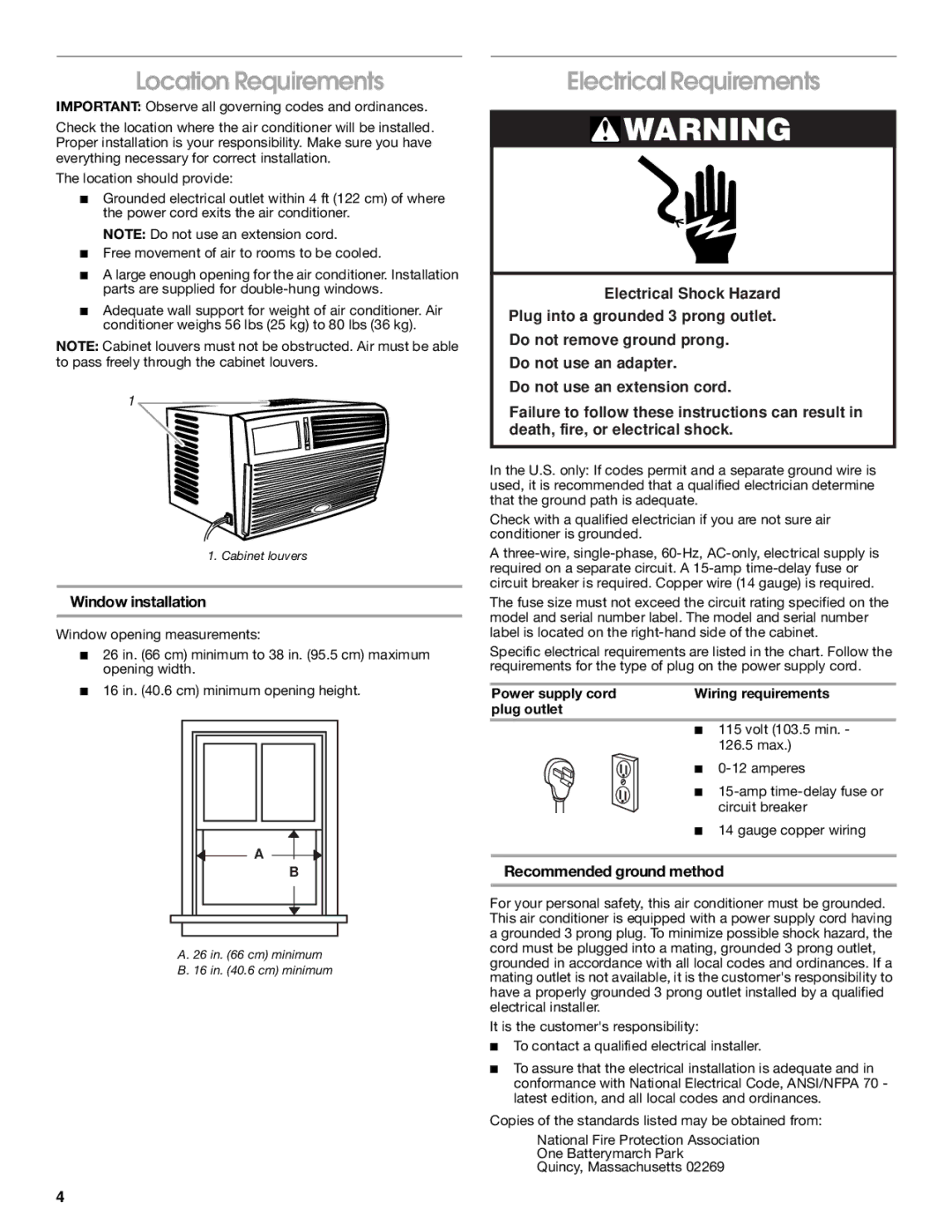 Whirlpool CA10WXP0 manual Location Requirements, Electrical Requirements, Window installation, Recommended ground method 