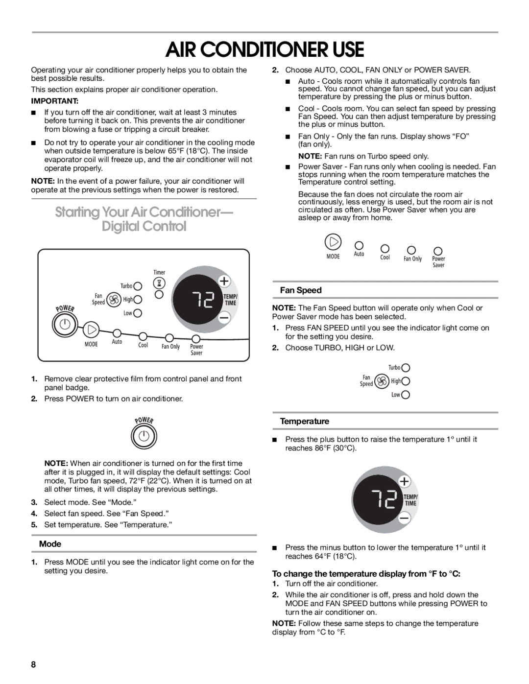 Whirlpool CA10WXP0 manual AIR Conditioner USE, Starting Your Air Conditioner Digital Control 