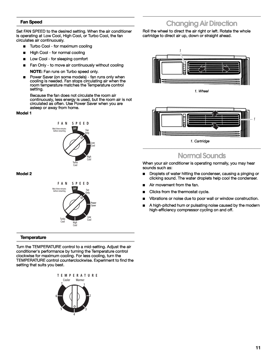 Whirlpool CA10WXP0 manual Changing Air Direction, Normal Sounds, Fan Speed, Temperature, Model 