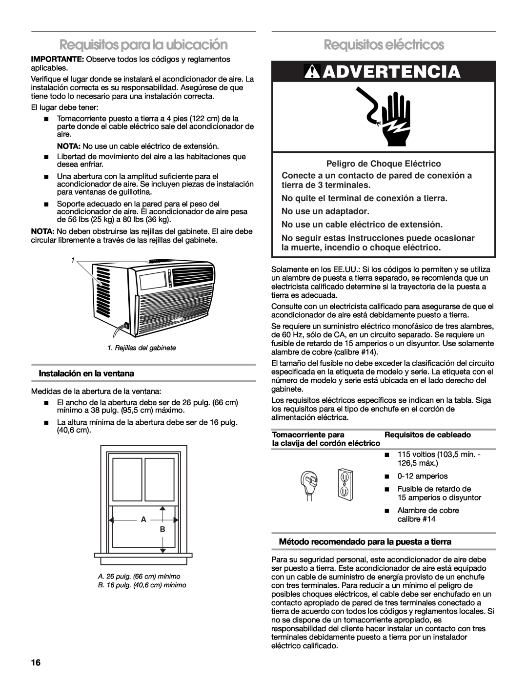 Whirlpool CA10WXP0 manual Advertencia, Requisitos para la ubicación, Requisitos eléctricos, Instalación en la ventana 