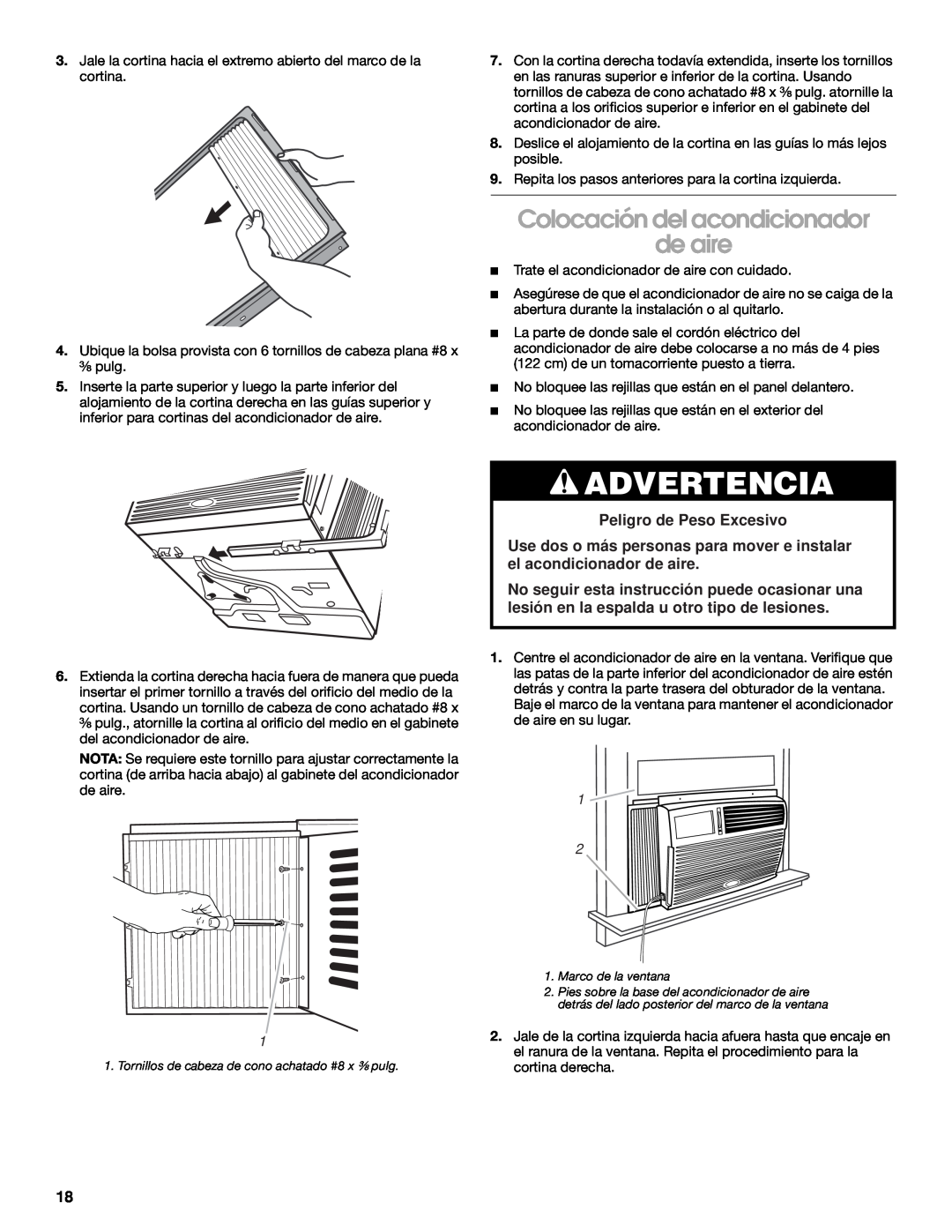 Whirlpool CA10WXP0 manual Colocación del acondicionador de aire, Advertencia, Peligro de Peso Excesivo 