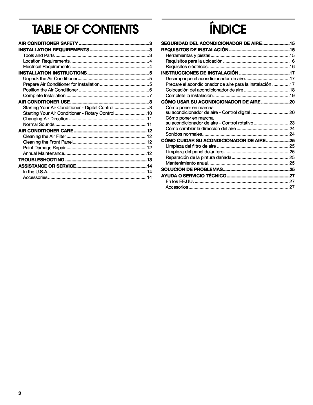 Whirlpool CA10WXP0 manual Índice, Table Of Contents 