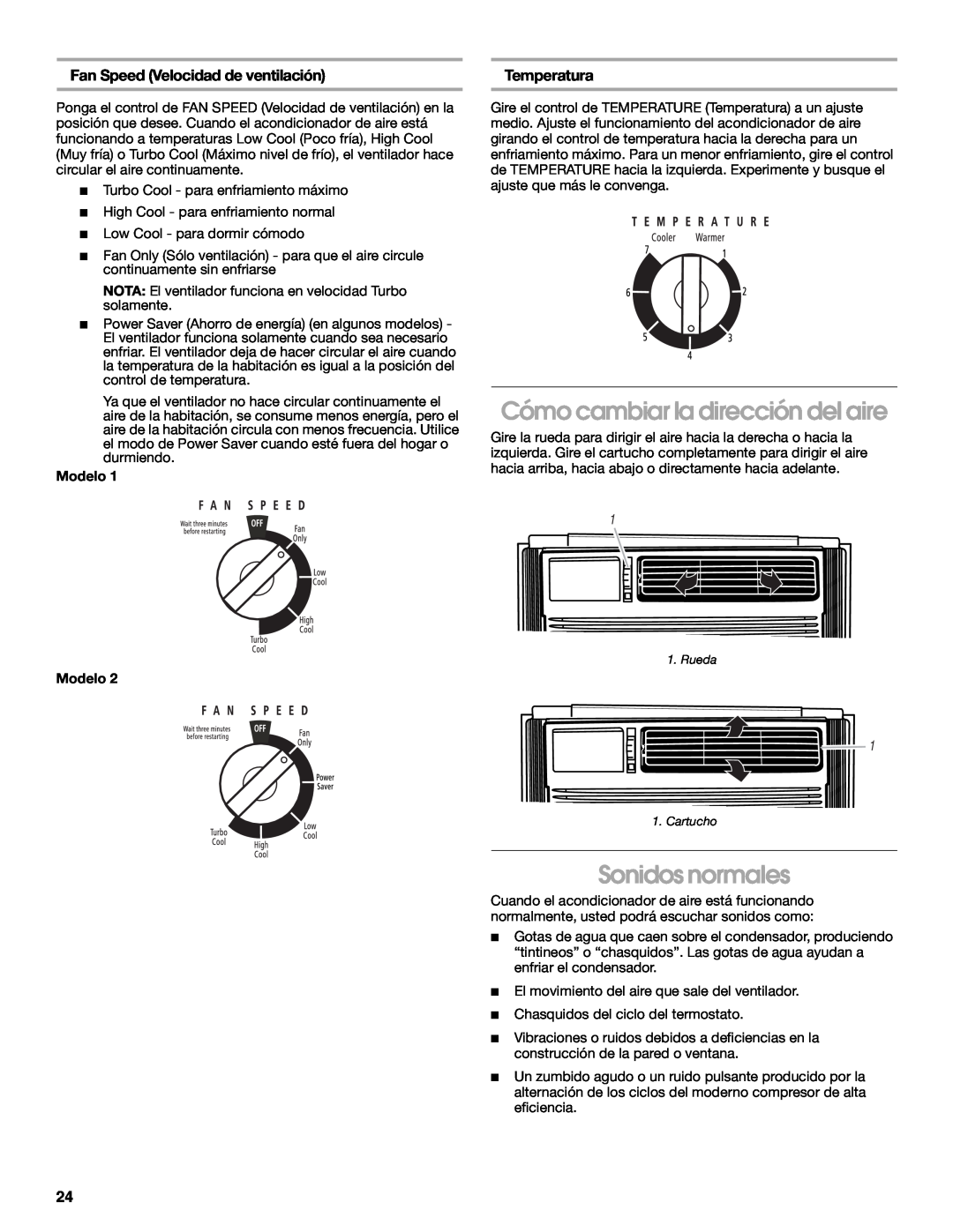 Whirlpool CA10WXP0 Cómo cambiar la dirección del aire, Sonidos normales, Fan Speed Velocidad de ventilación, Temperatura 