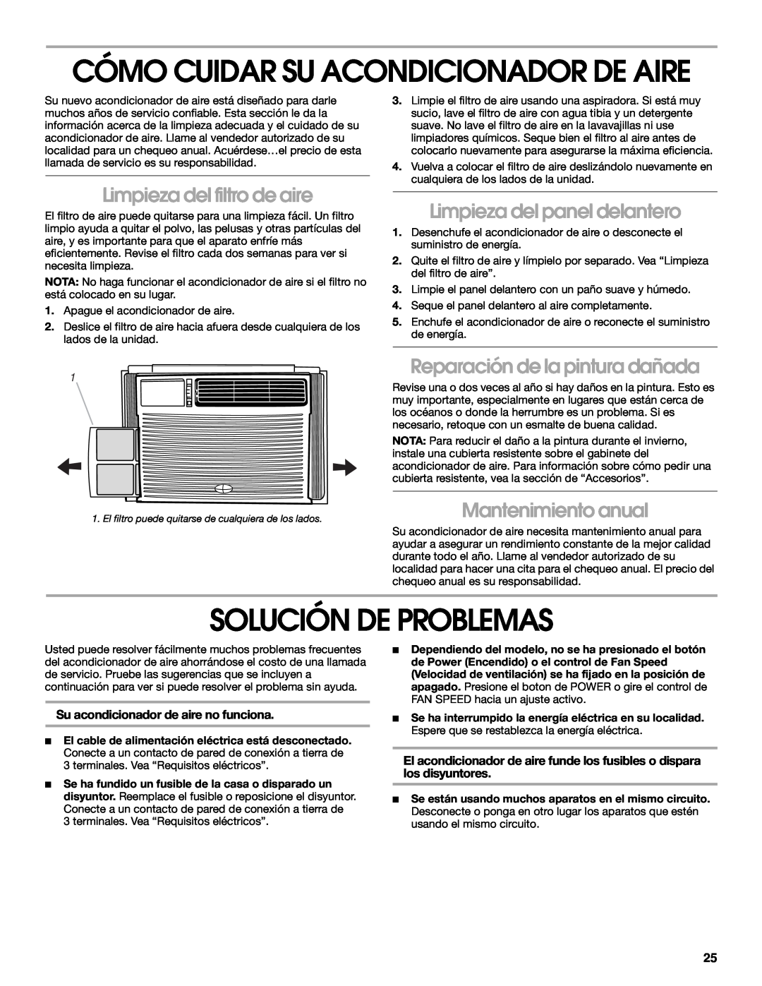 Whirlpool CA10WXP0 manual Cómo Cuidar Su Acondicionador De Aire, Solución De Problemas, Limpieza del filtro de aire 