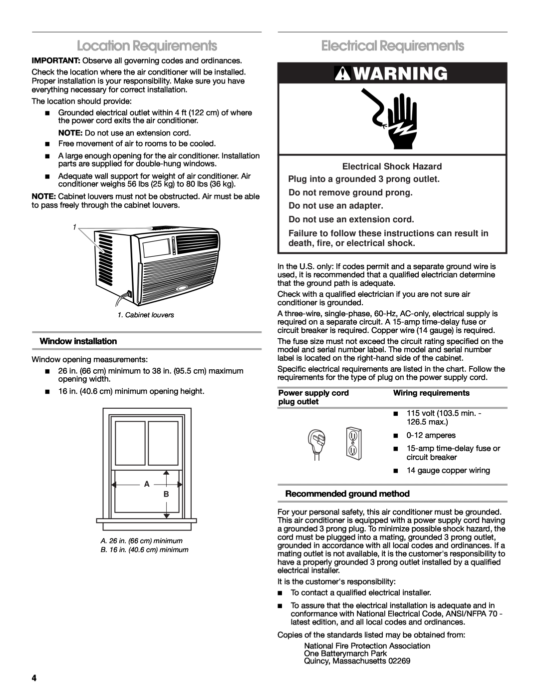 Whirlpool CA10WXP0 manual Location Requirements, Electrical Requirements, Window installation, Electrical Shock Hazard 