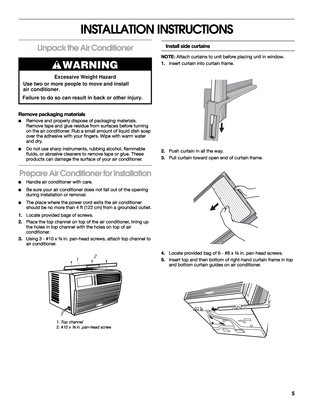 Whirlpool CA10WXP0 manual Installation Instructions, Unpack the Air Conditioner, Prepare Air Conditioner for Installation 