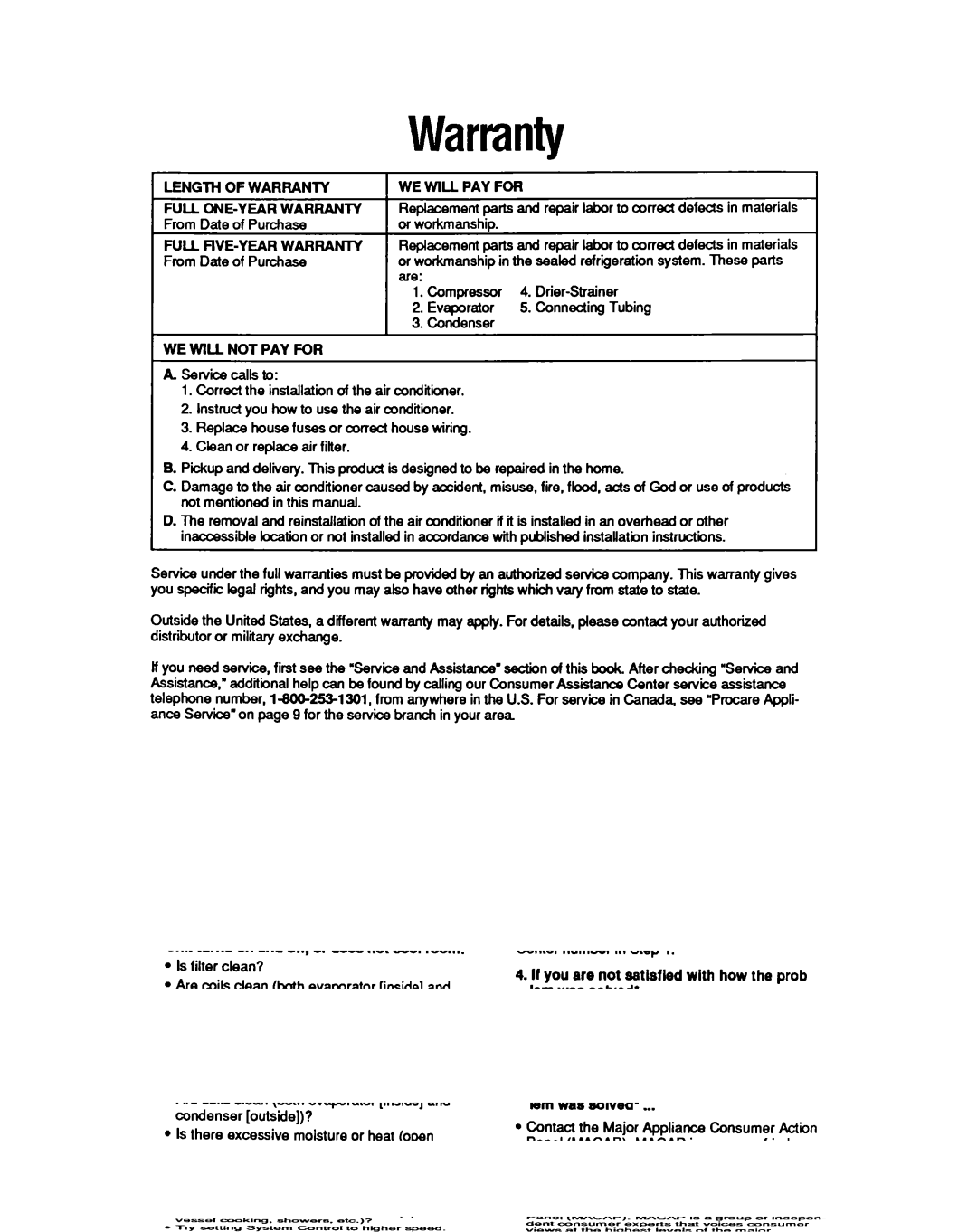 Whirlpool CA13WQ4 manual Full FIVE-YEAR Warranty, WE will PAY for, WE will not PAY for 