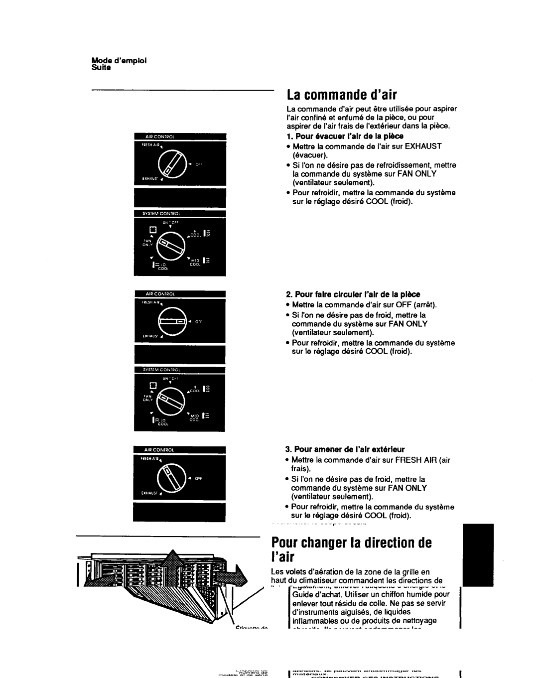 Whirlpool CA13WQ4 La commanded’air, Mode d’emplol Suite, Pour Ovacuer I’alr de la place, Pour amener de I’alr exthleur 