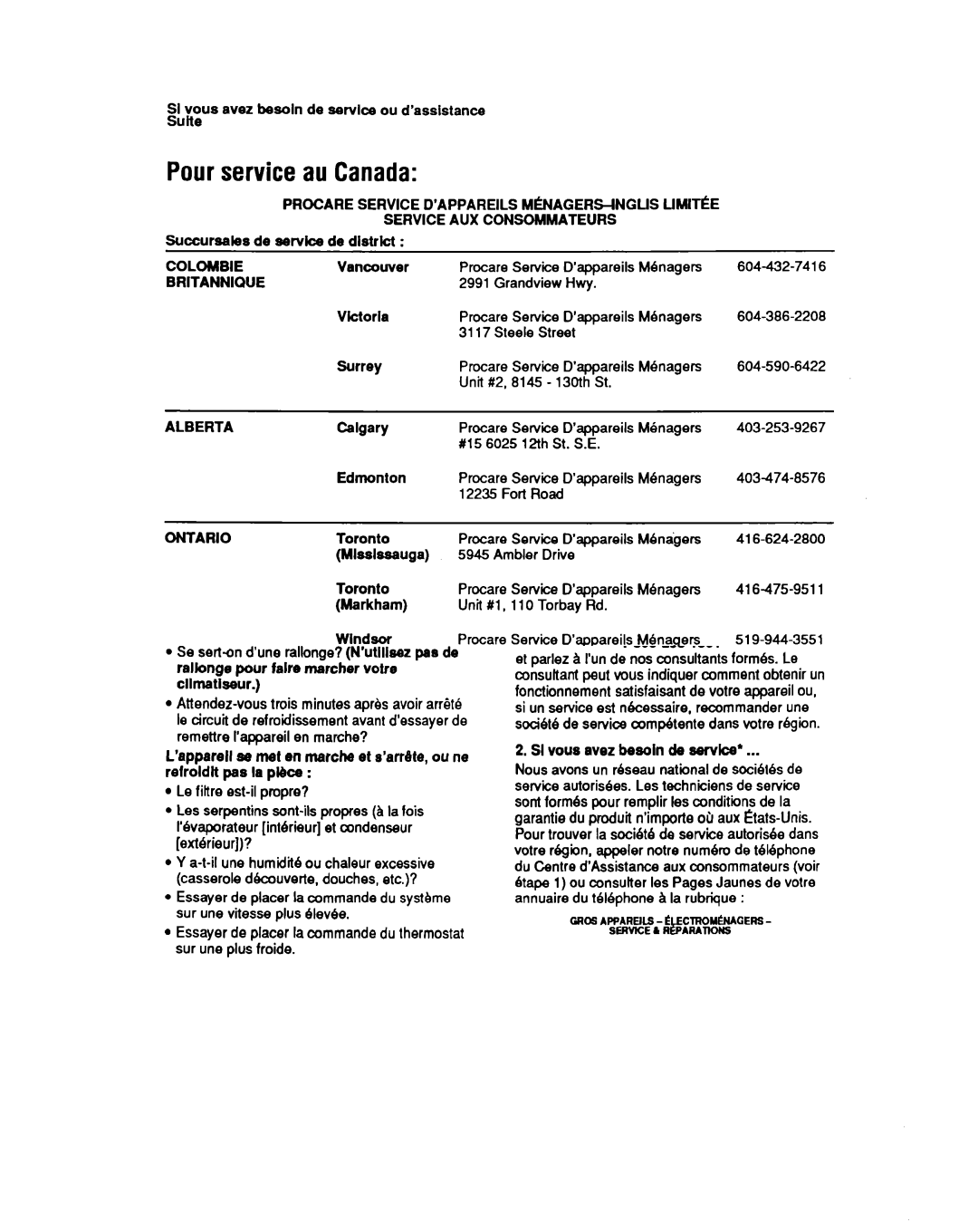 Whirlpool CA13WQ4 manual Pourservice au Canada, Service AUX Consommateurs, Colombie, Britannique 