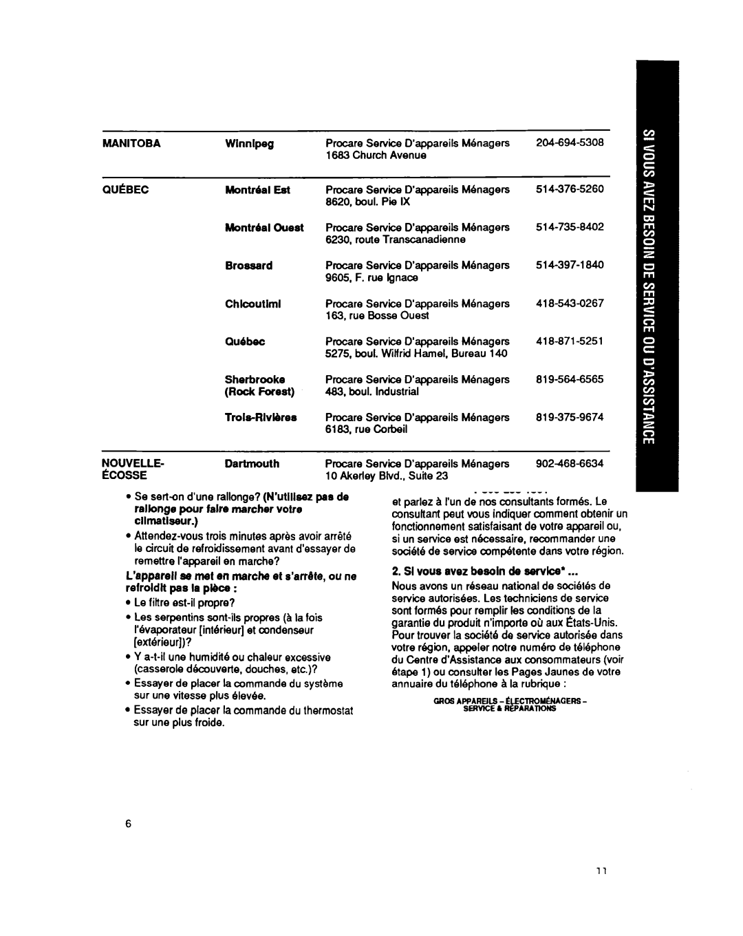 Whirlpool CA13WQ4 manual Manitoba, Quebec, Nouvelle, Ecosse 