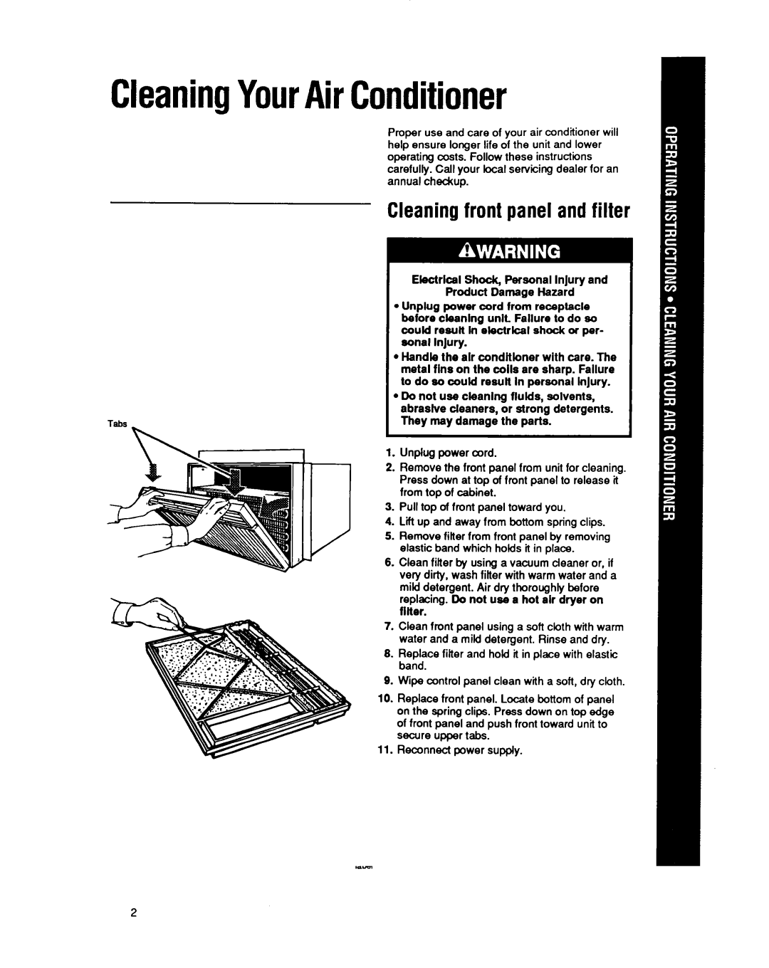 Whirlpool CA13WQ4 manual CleaningYourAirConditioner, Cleaningfront panel andfilter 