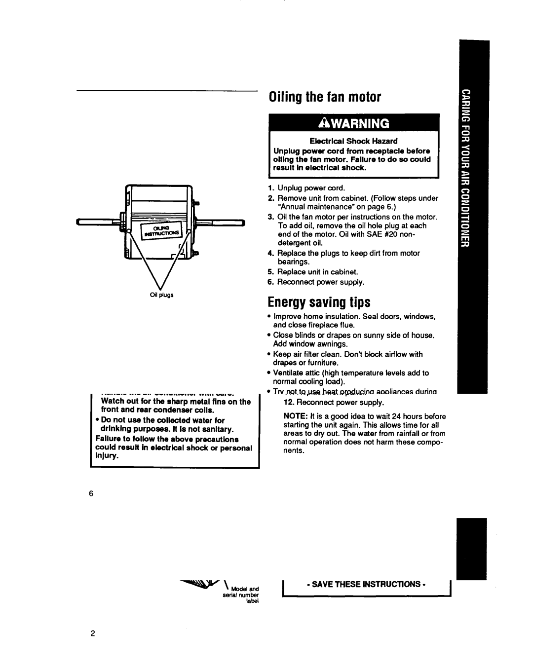 Whirlpool CA13WQ4 manual Oiling the fan motor, Energysaving tips 