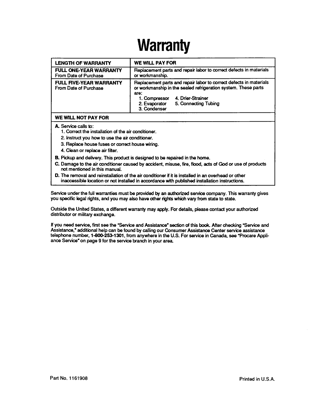 Whirlpool CA13WQ4 manual Warranty, Full Five-Yearwarranty, We Will Pay For, We Will Not Pay For 