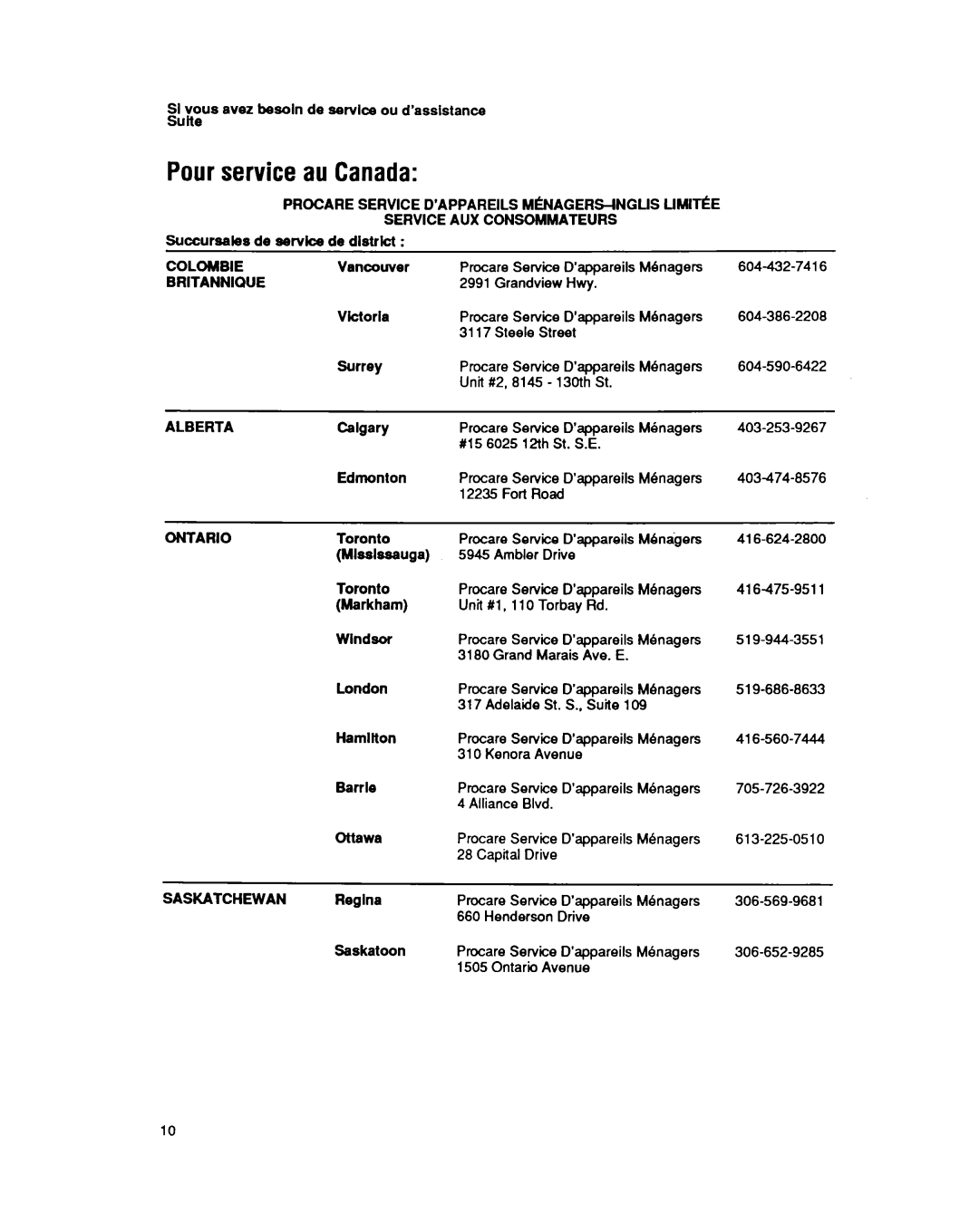 Whirlpool CA13WQ4 manual Pourservice au Canada 