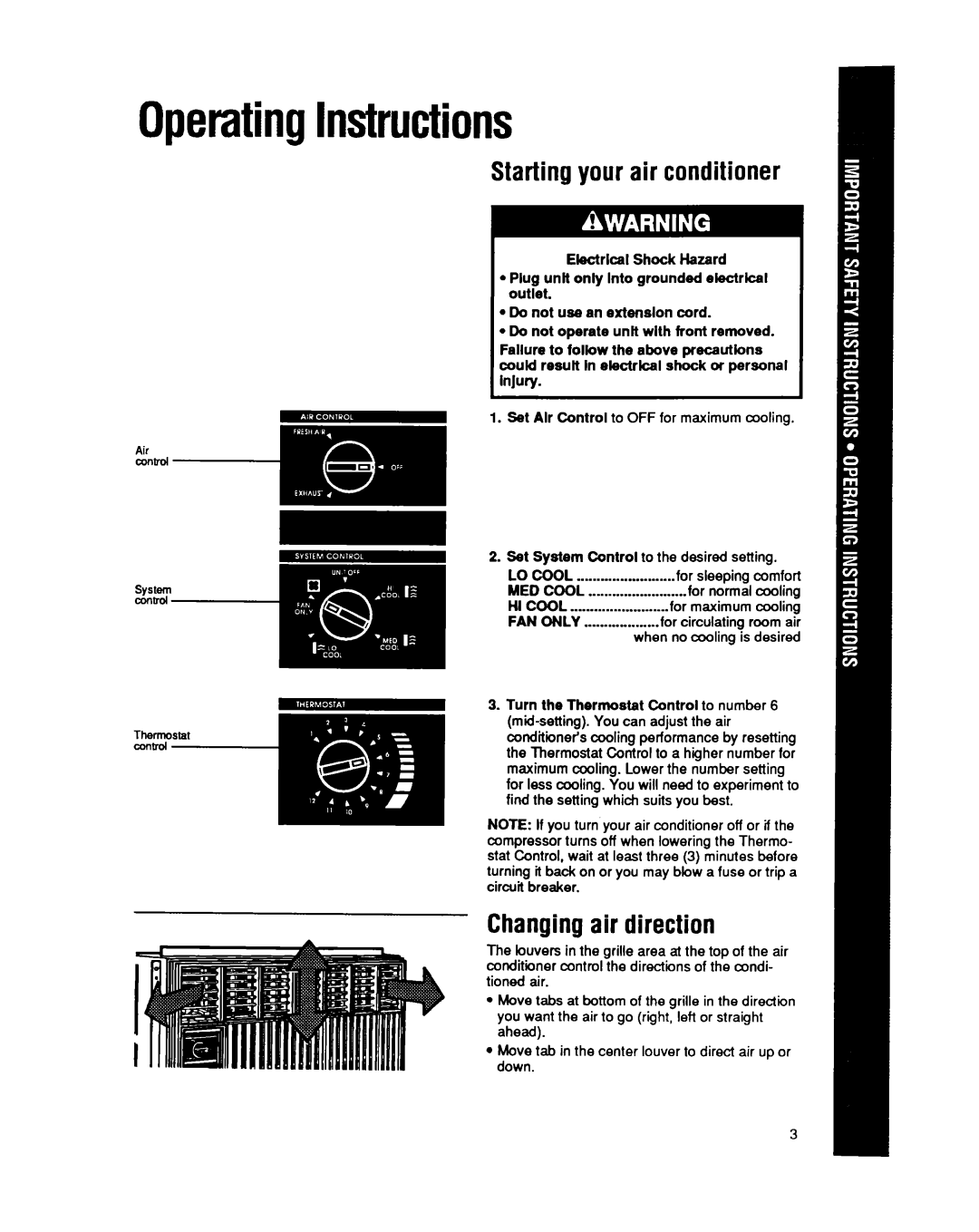 Whirlpool CA13WQ4 manual OperatingInstructions, Startingyour air conditioner, Changingair direction 