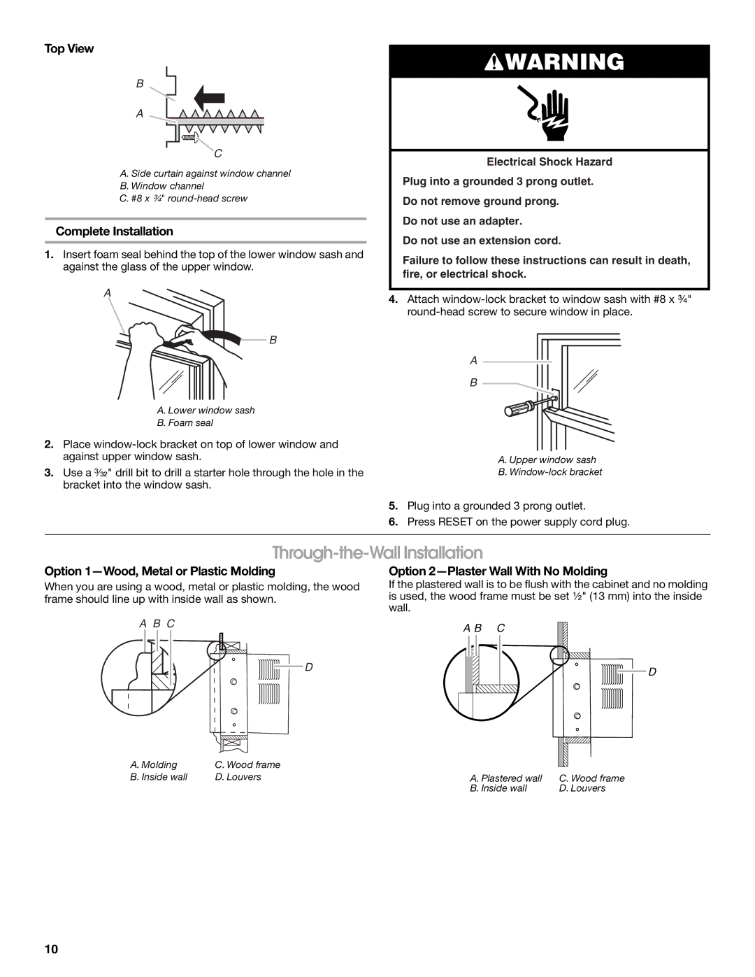 Whirlpool CA15WYR0 Through-the-Wall Installation, Top View, Complete Installation, Option 1-Wood, Metal or Plastic Molding 