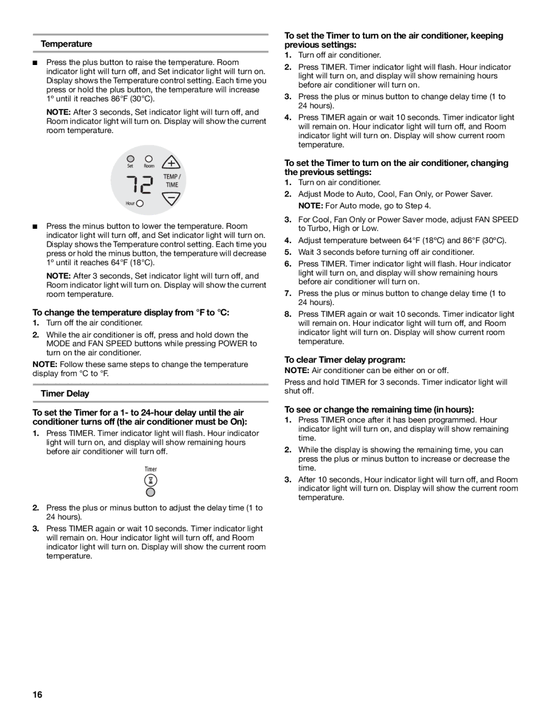 Whirlpool CA15WYR0 Temperature, To change the temperature display from F to C, Timer Delay, To clear Timer delay program 