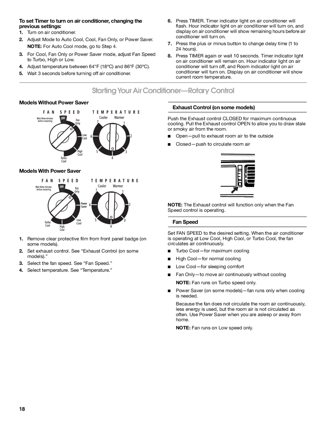 Whirlpool CA15WYR0 Starting Your Air Conditioner-Rotary Control, Models Without Power Saver Exhaust Control on some models 