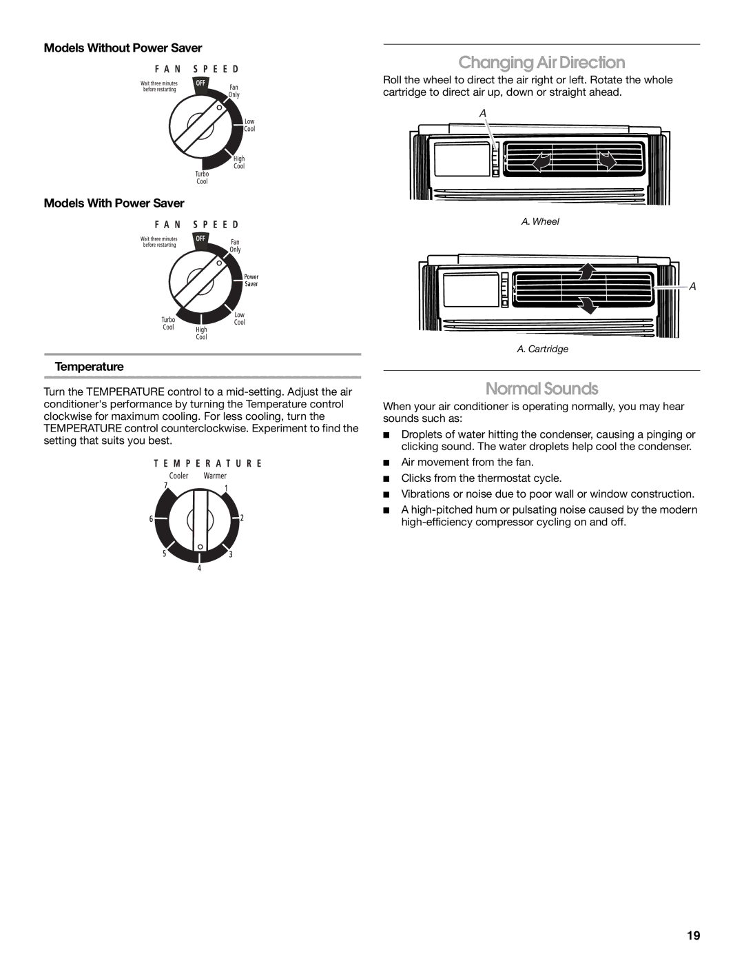 Whirlpool CA15WYR0 manual Changing Air Direction, Normal Sounds 