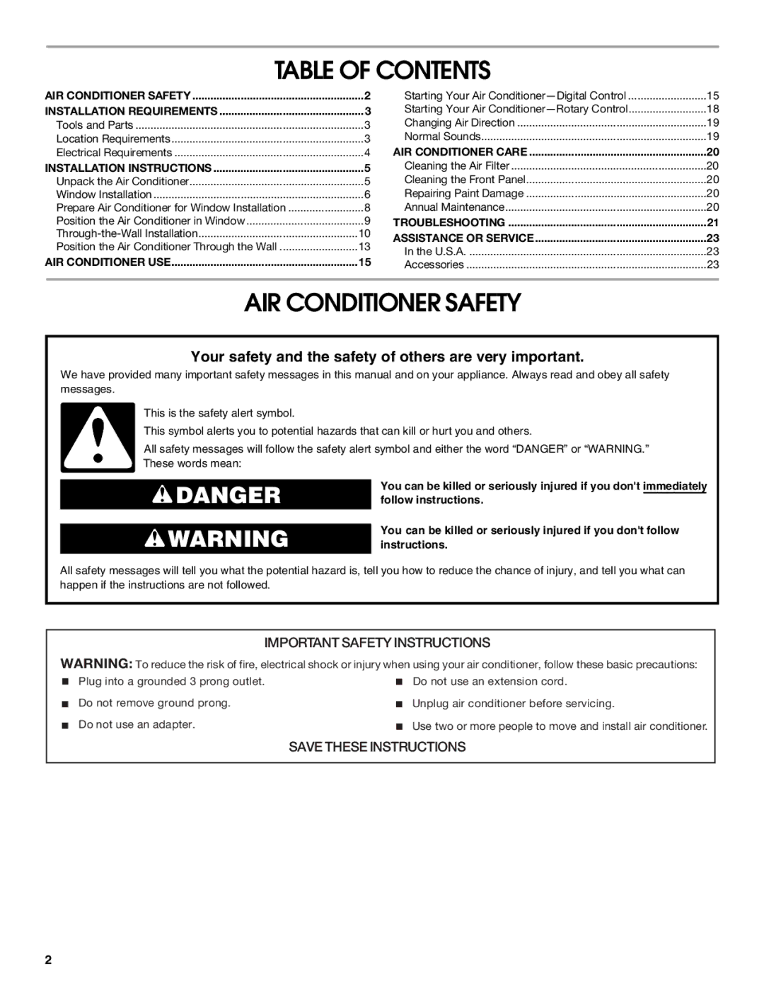 Whirlpool CA15WYR0 manual Table of Contents, AIR Conditioner Safety 