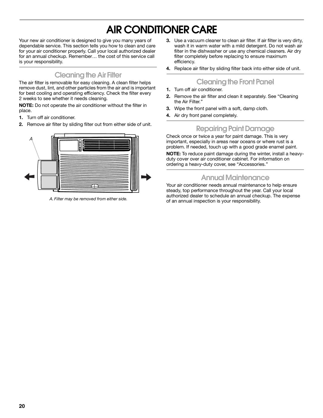 Whirlpool CA15WYR0 manual AIR Conditioner Care, Cleaning the Air Filter, Cleaning the Front Panel, Repairing Paint Damage 