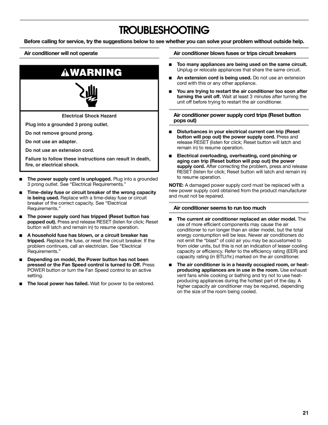 Whirlpool CA15WYR0 manual Troubleshooting, Air conditioner seems to run too much 