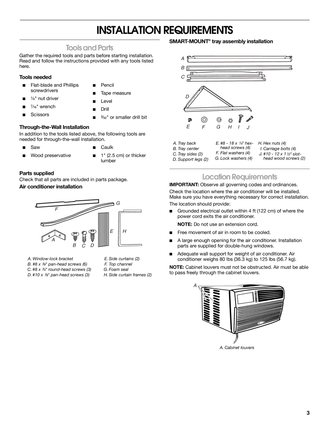 Whirlpool CA15WYR0 manual Installation Requirements, Tools and Parts, Location Requirements 