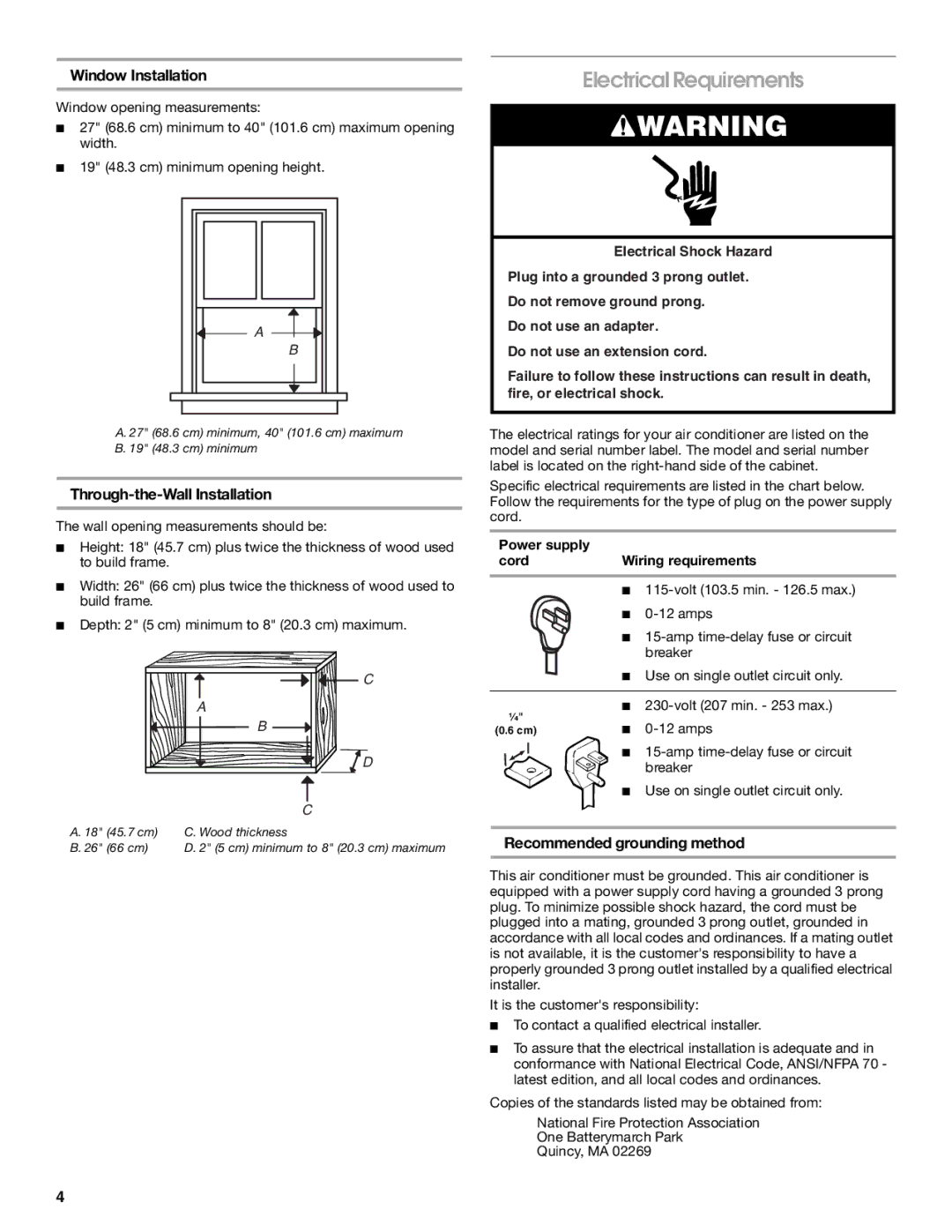 Whirlpool CA15WYR0 manual Electrical Requirements, Window Installation, Recommended grounding method 