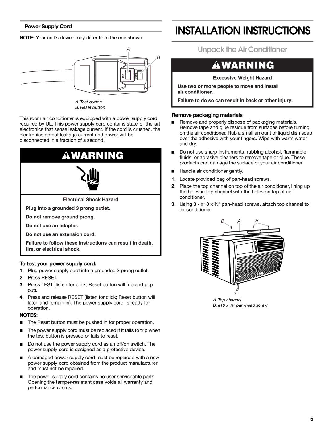 Whirlpool CA15WYR0 manual Unpack the Air Conditioner, Power Supply Cord, To test your power supply cord 