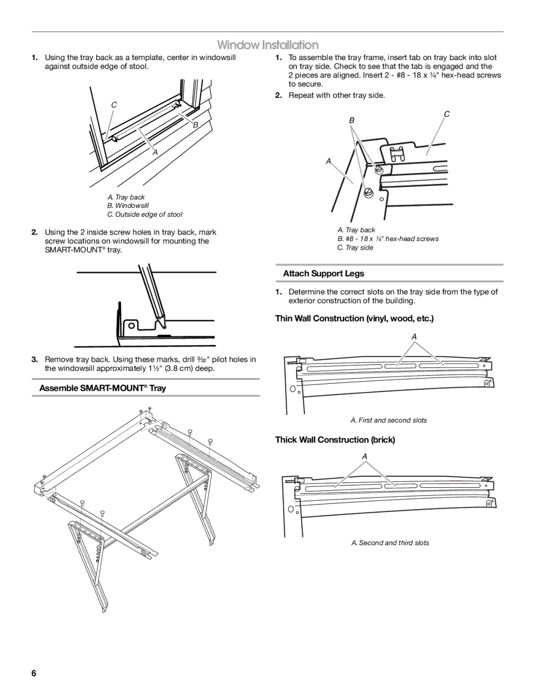 Whirlpool CA15WYR0 manual Window Installation, Attach Support Legs, Thin Wall Construction vinyl, wood, etc 