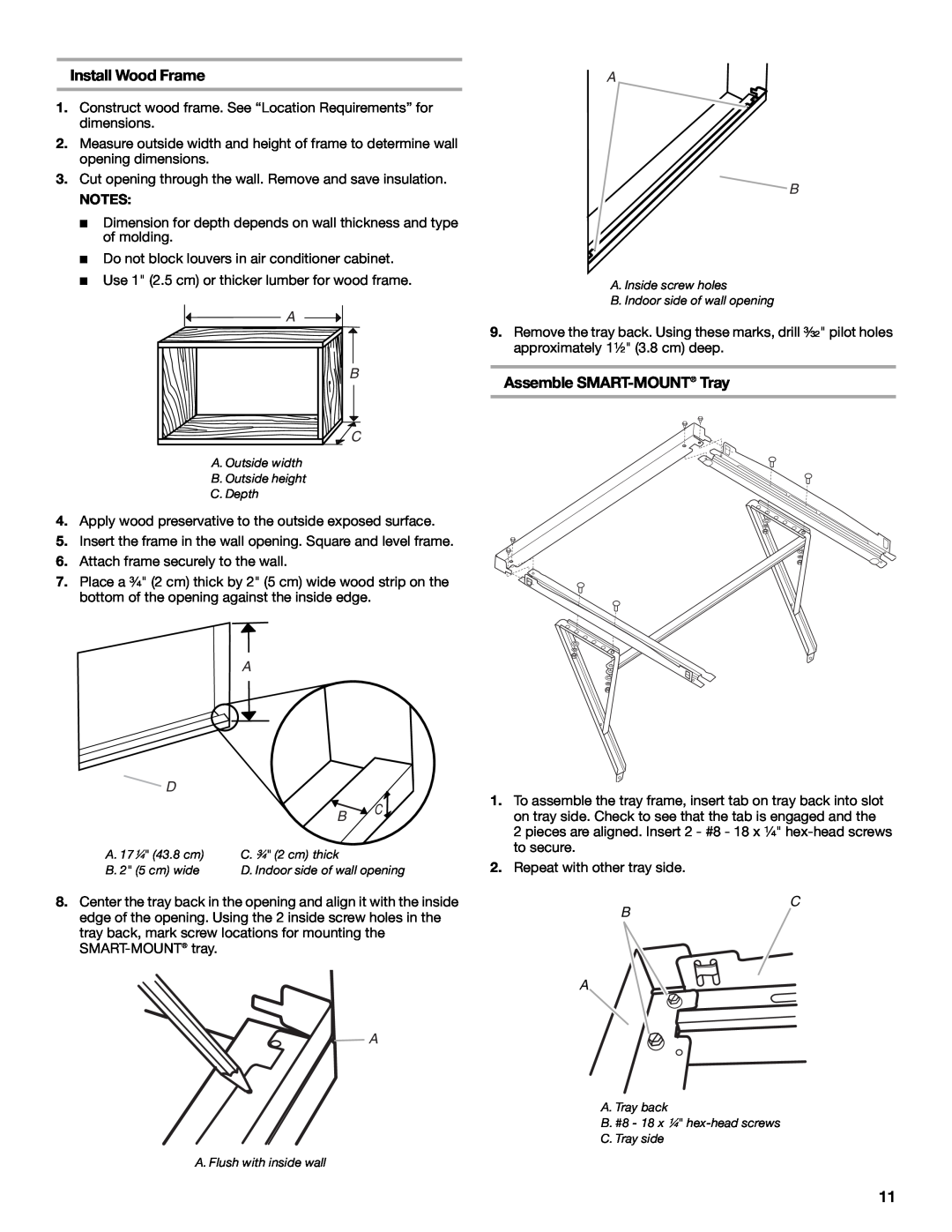 Whirlpool CA15WYR0 manual Install Wood Frame, A D B C, Assemble SMART-MOUNT Tray, C B A 