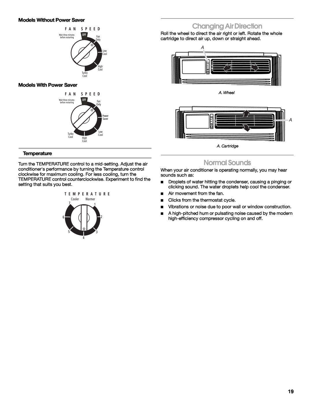 Whirlpool CA15WYR0 Changing Air Direction, Normal Sounds, Models With Power Saver Temperature, Models Without Power Saver 