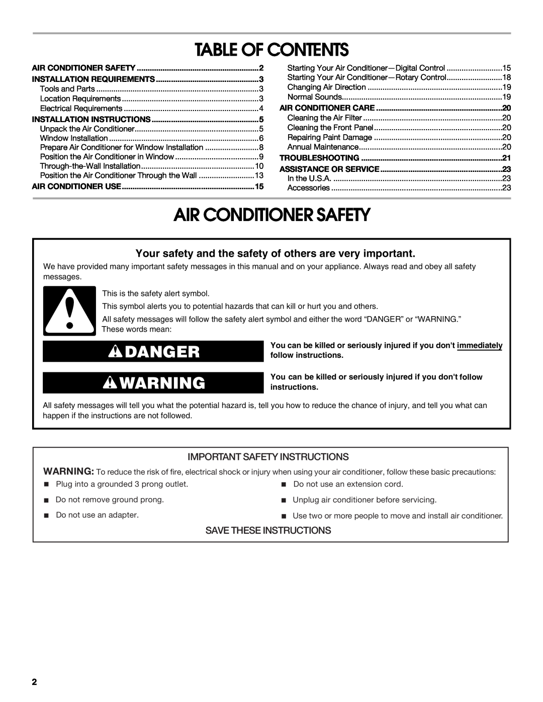 Whirlpool CA15WYR0 manual Table Of Contents, Air Conditioner Safety, Danger, Important Safety Instructions 