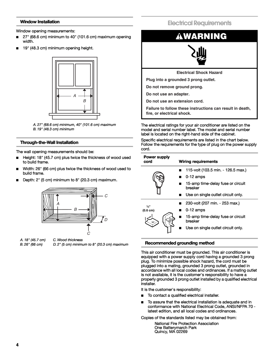 Whirlpool CA15WYR0 manual Electrical Requirements, Window Installation, Recommended grounding method, C A B D 