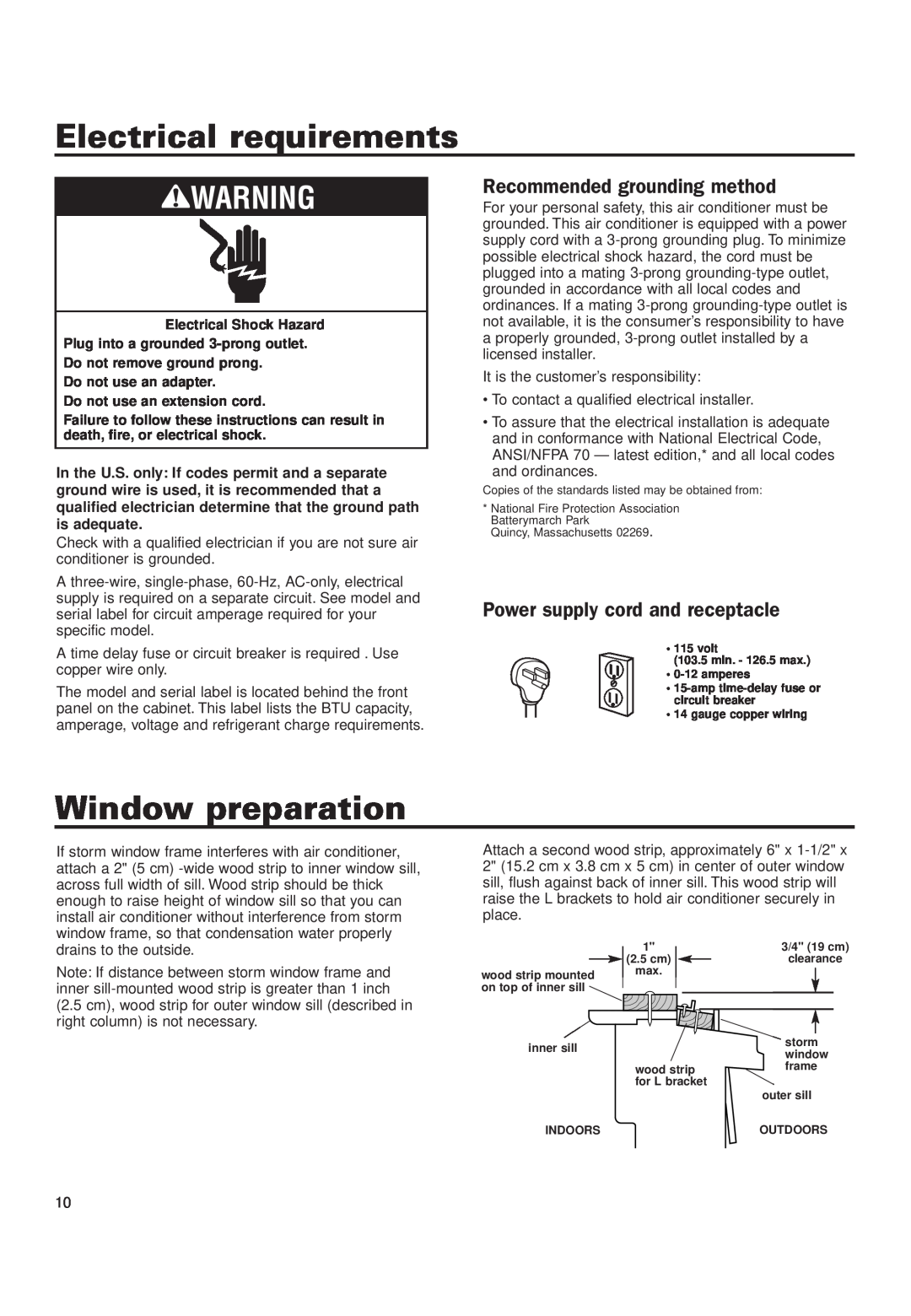 Whirlpool CA5WMK0 installation instructions Electrical requirements, Window preparation, Recommended grounding method 