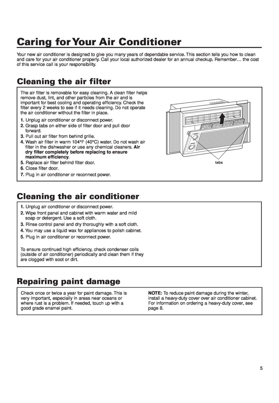 Whirlpool CA5WMK0 Caring for Your Air Conditioner, Cleaning the air filter, Cleaning the air conditioner 