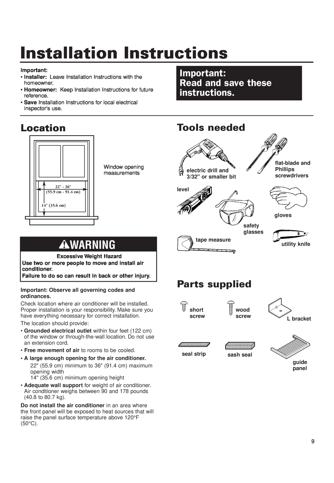 Whirlpool CA5WMK0 Installation Instructions, Read and save these instructions, Location, Tools needed, Parts supplied 
