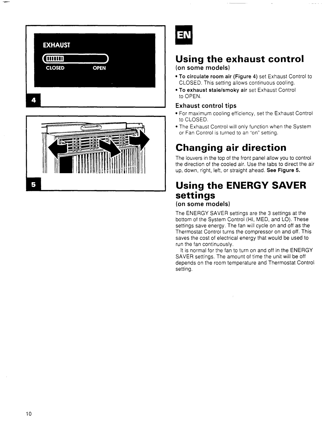 Whirlpool CA8WR42 manual Using the exhaust control, Changing air direction, Using the Energy Saver settings, On some models 