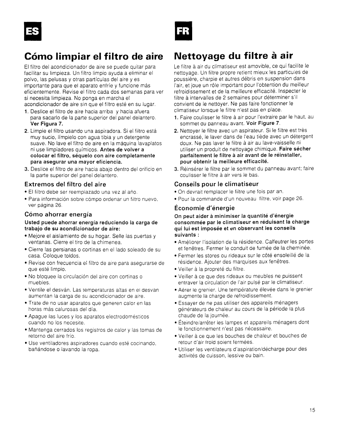 Whirlpool CA8WR42 manual C6mo limpiar el filtro de aire, Nettoyage du filtre S air 