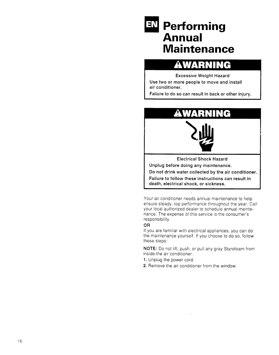 Whirlpool CA8WR42 manual Performing Annual Maintenance 