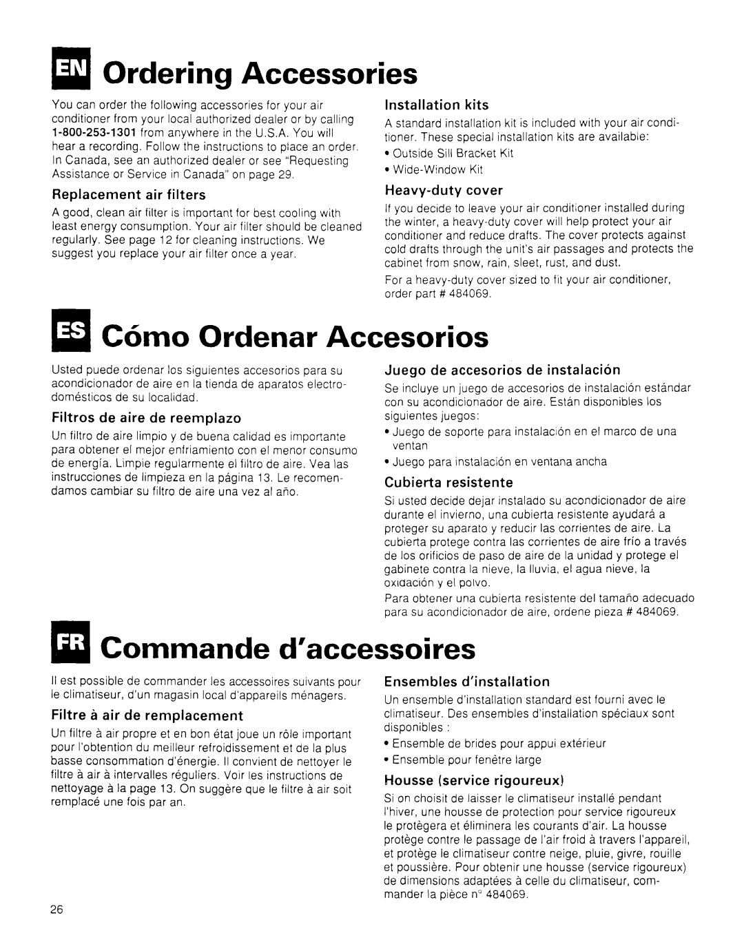 Whirlpool CA8WR42 manual Ordering Accessories, C6mo Ordenar Accesorios, QD Commande d’accessoires 