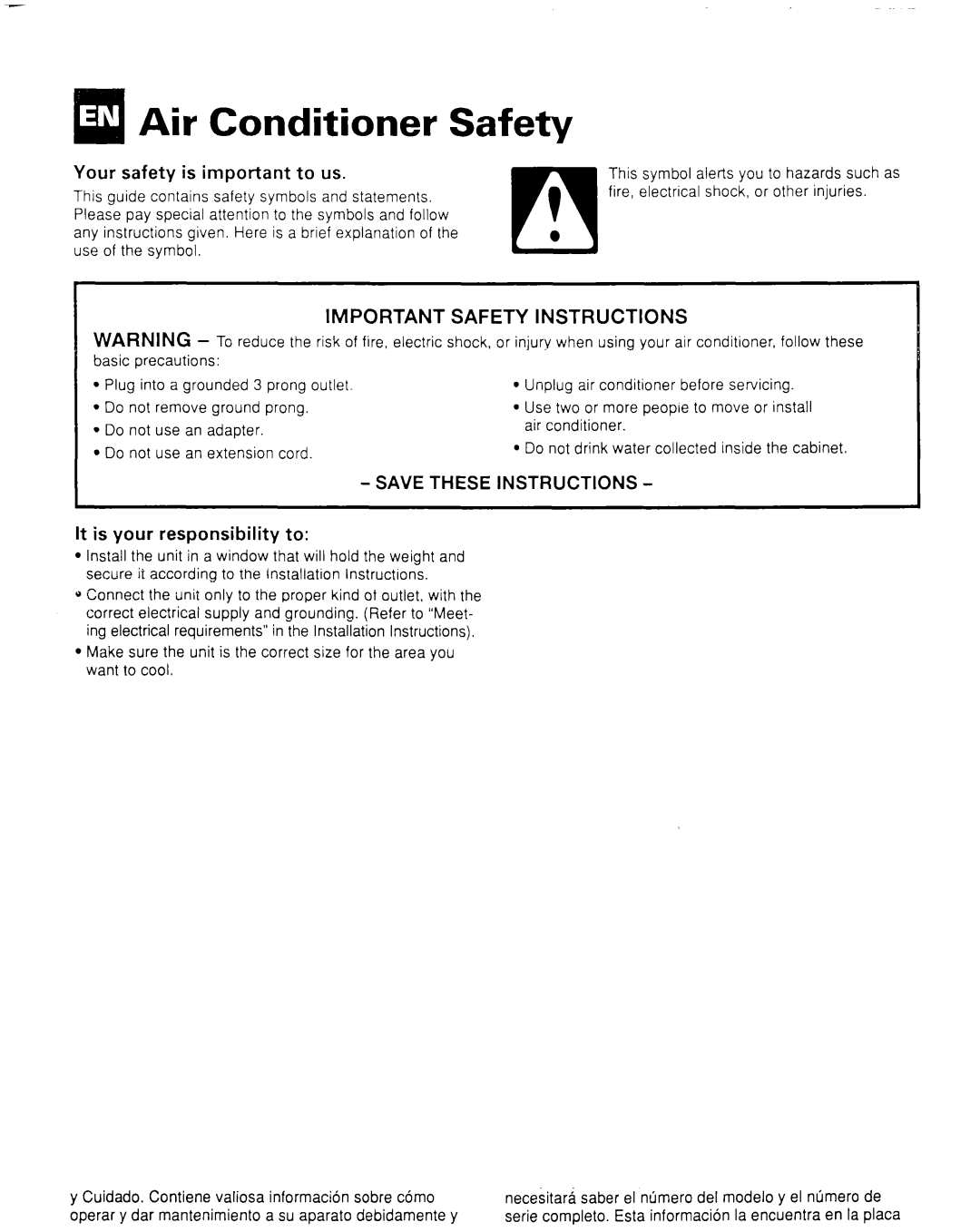 Whirlpool CA8WR42 manual ErrAir Conditioner Safety, Your safety is important to us, It is your responsibility to 