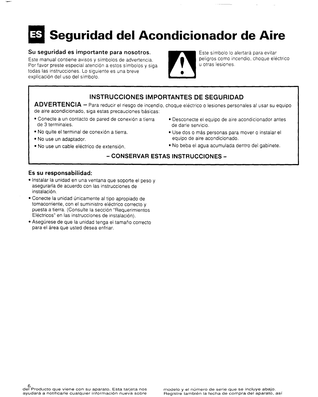 Whirlpool CA8WR42 Seguridad del Acondicionador de Aire, Su seguridad es importante para nosotros, Es su responsabilidad 