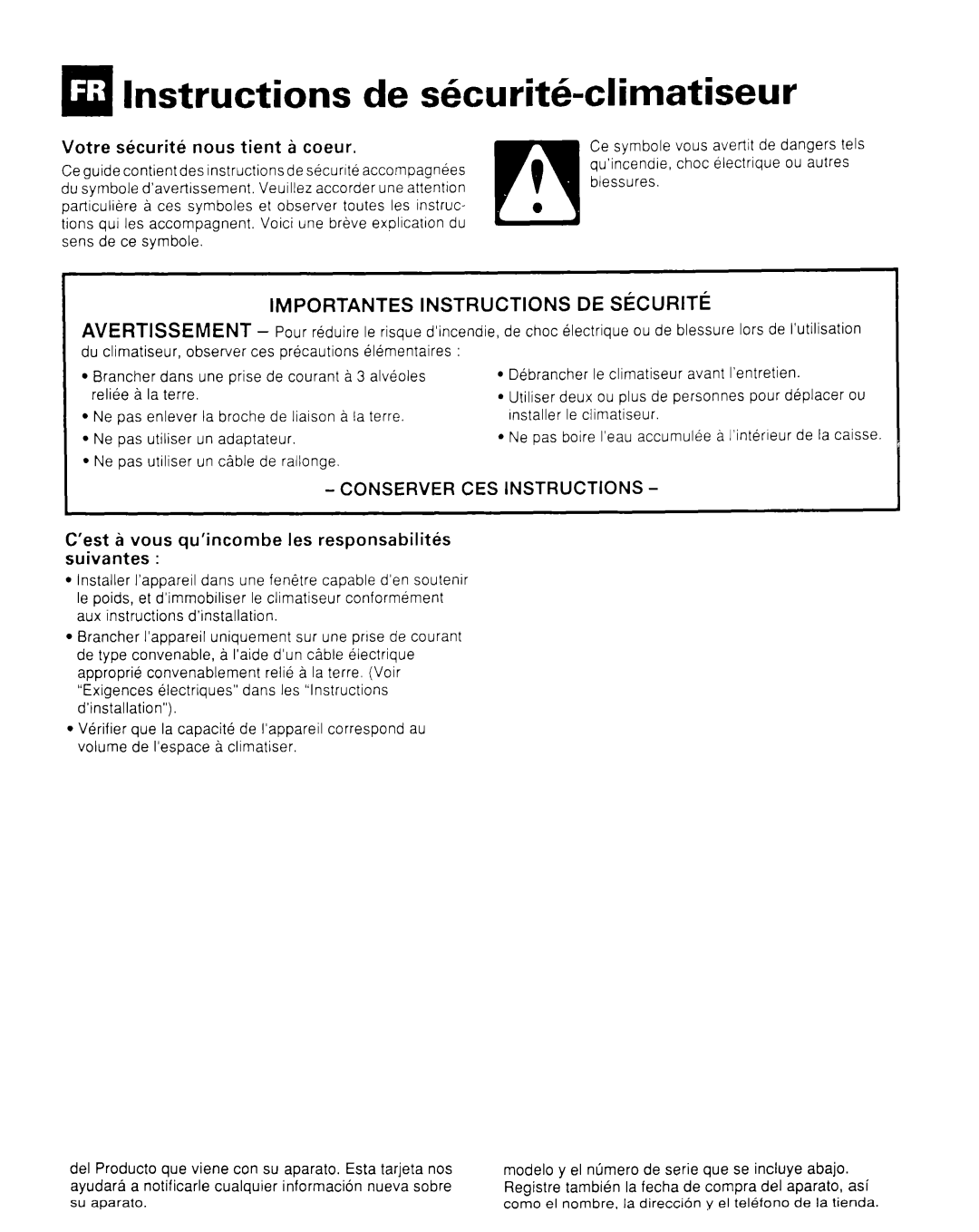 Whirlpool CA8WR42 Ql Instructions de s6curit&climatiseur, Skcurit6 Nous tient Coeur, Importantes Instructions DE SlkURITE 